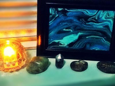Framed Ocean Waves Pour With Crystals, Candle
