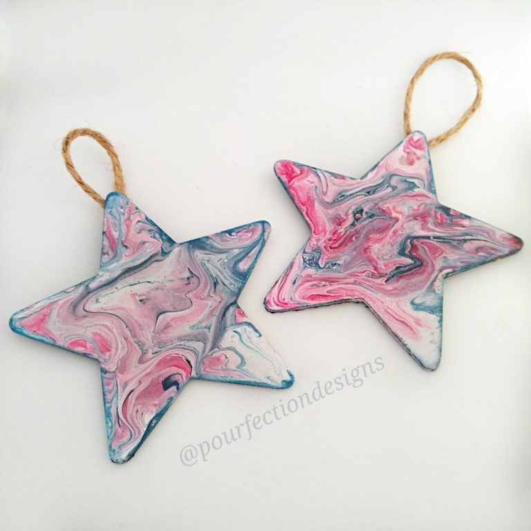 Set of Two..Red, White & Blue - Two wooden star pour paint ornaments.