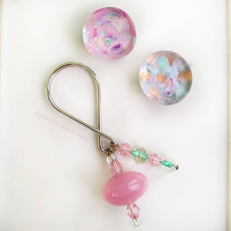Two Pinkish Glass Gem Mini Magnets & Handmade Keychain